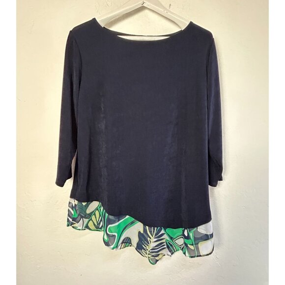 Chico's Travelers Womens Navy Blue 3/4 Sleeve Tunic Top Leaf Print Hem Size 2 - Picture 1 of 8
